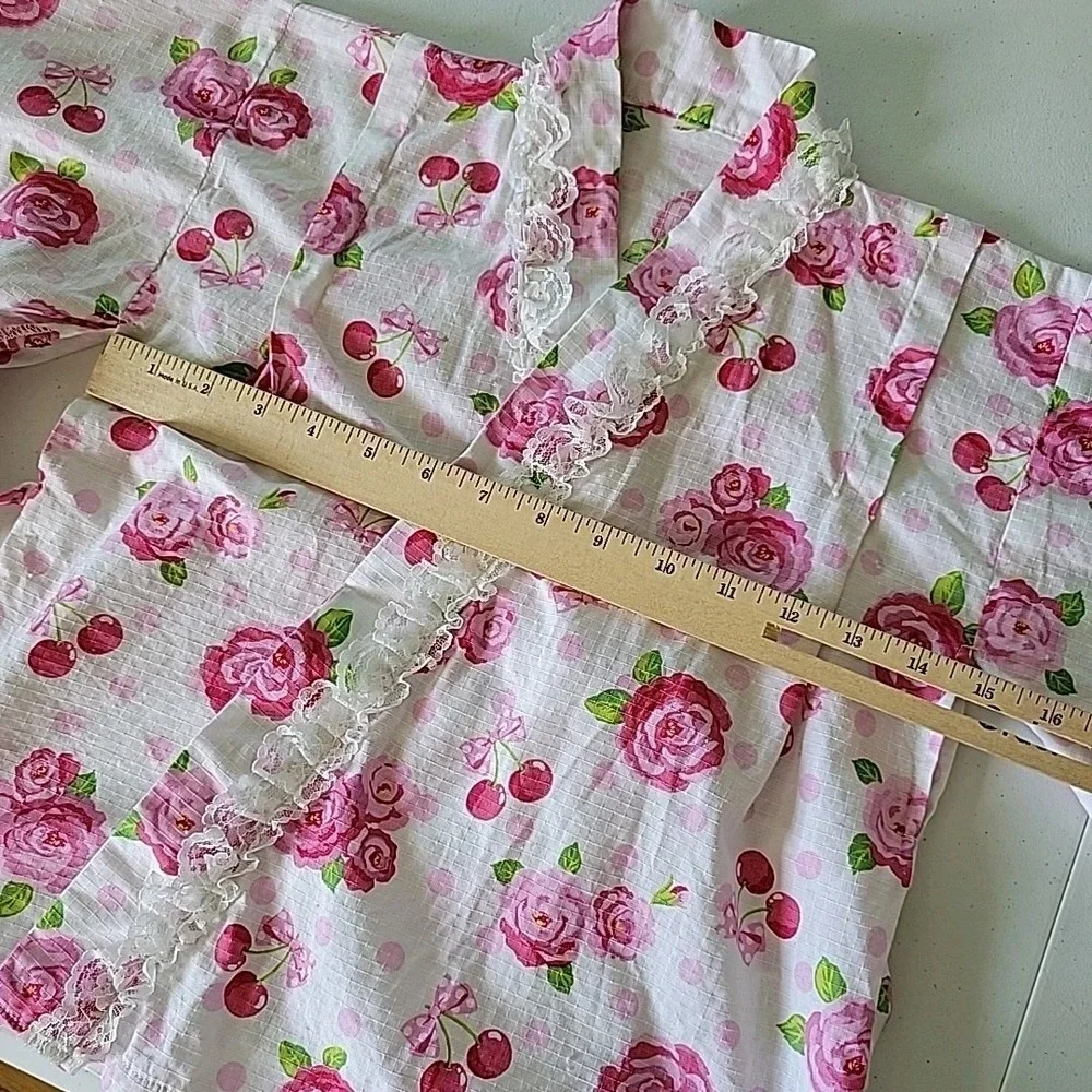 Yukata Girls 7-8 Kimono Top Rose Cherry Print Japanese‎ Botanical Retro Summer